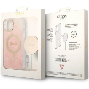 Zestaw Guess etui + ładowarka bezprzewodowa GUBPP14MH4EACSP Apple iPhone 14 Plus / 15 Plus różowy/pink hard case 4G Print MagSafe