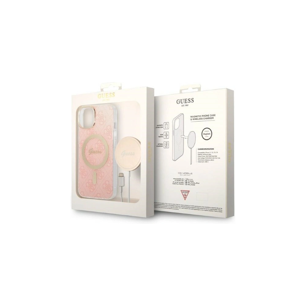 Zestaw Guess etui + ładowarka bezprzewodowa GUBPP14MH4EACSP Apple iPhone 14 Plus / 15 Plus różowy/pink hard case 4G Print MagSafe
