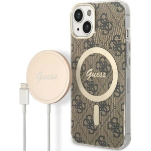 Zestaw Guess etui + ładowarka bezprzewodowa GUBPP14MH4EACSW Apple iPhone 14 Plus / 15 Plus brązowy/brown hard case 4G Print MagSafe