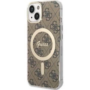 Zestaw Guess etui + ładowarka bezprzewodowa GUBPP14MH4EACSW Apple iPhone 14 Plus / 15 Plus brązowy/brown hard case 4G Print MagSafe