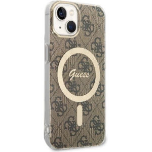 Zestaw Guess etui + ładowarka bezprzewodowa GUBPP14MH4EACSW Apple iPhone 14 Plus / 15 Plus brązowy/brown hard case 4G Print MagSafe