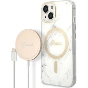 Zestaw Guess etui + ładowarka bezprzewodowa GUBPP14MHMEACSH Apple iPhone 14 Plus / 15 Plus biały/white hard case Marble MagSafe