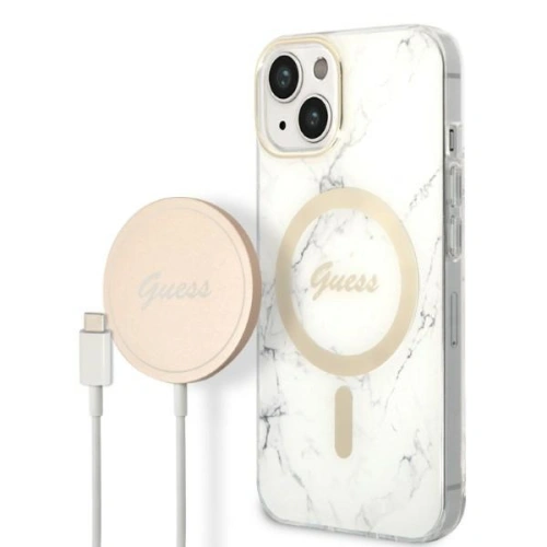 Kup Set Guess etui + încărcător wireless GUBPP14MHMEACSH Apple iPhone 14 Plus / 15 Plus alb/white hard case Marble MagSafe - GUE2303 - {ean13} - Sklep Home Screen