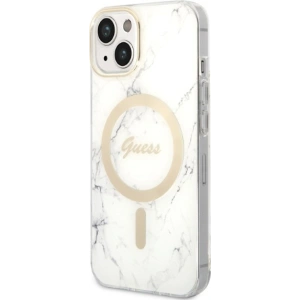 Zestaw Guess etui + ładowarka bezprzewodowa GUBPP14MHMEACSH Apple iPhone 14 Plus / 15 Plus biały/white hard case Marble MagSafe
