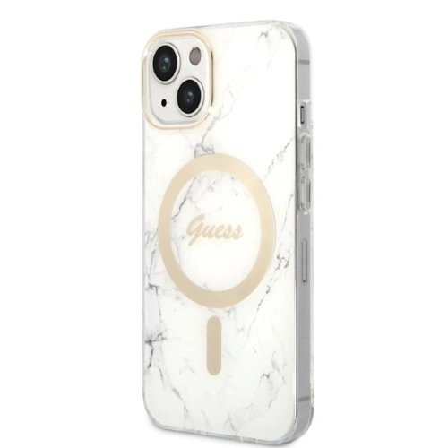 Kup Set Guess etui + încărcător wireless GUBPP14MHMEACSH Apple iPhone 14 Plus / 15 Plus alb/white hard case Marble MagSafe - GUE2303 - {ean13} - Sklep Home Screen