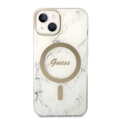 Kup Set Guess etui + încărcător wireless GUBPP14MHMEACSH Apple iPhone 14 Plus / 15 Plus alb/white hard case Marble MagSafe - GUE2303 - {ean13} - Sklep Home Screen