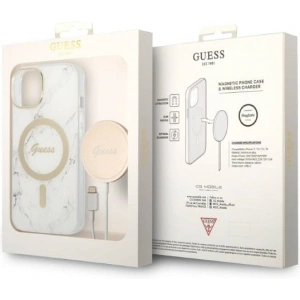 Zestaw Guess etui + ładowarka bezprzewodowa GUBPP14MHMEACSH Apple iPhone 14 Plus / 15 Plus biały/white hard case Marble MagSafe