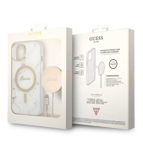 Kup Set Guess etui + încărcător wireless GUBPP14MHMEACSH Apple iPhone 14 Plus / 15 Plus alb/white hard case Marble MagSafe - GUE2303 - {ean13} - Sklep Home Screen
