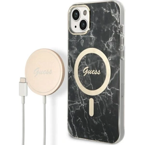 Zestaw Guess etui + ładowarka bezprzewodowa GUBPP14MHMEACSK Apple iPhone 14 Plus / 15 Plus czarny/black hard case Marble MagSafe