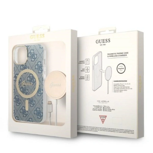 Kup Set Guess etui + încărcător wireless GUBPP14SH4EACSB Apple iPhone 14 albastru/hard case 4G Print MagSafe - GUE2305 - {ean13} - Sklep Home Screen