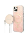 Sada Guess pouzdro + bezdrátová nabíječka GUBPP14SH4EACSP Apple iPhone 14 růžový/pink hard case 4G Print MagSafe
