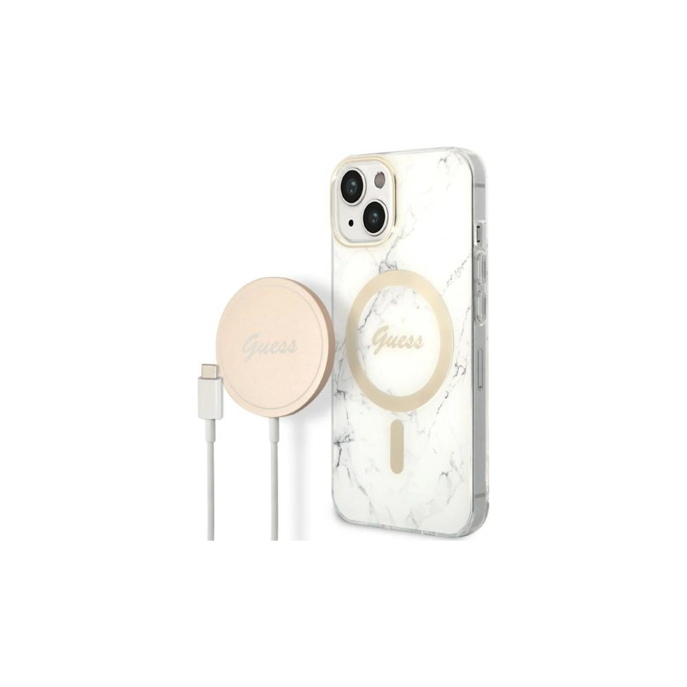 Zestaw Guess etui + ładowarka bezprzewodowa GUBPP14SHMEACSH Apple iPhone 14 biały/white hard case Marble MagSafe