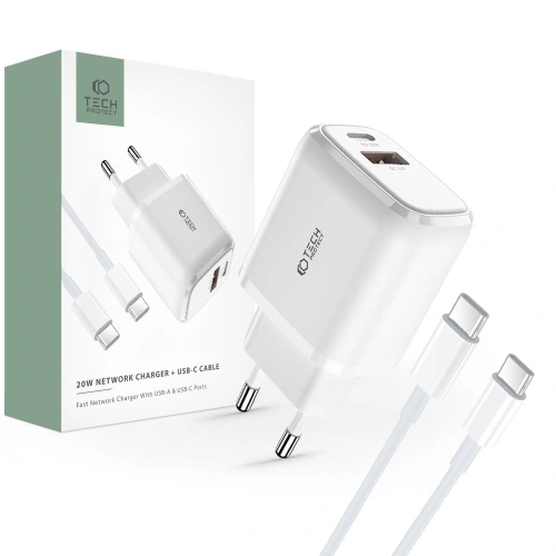 Kup Încărcător de rețea Tech-Protect C20W Încărcător de rețea cu 2 porturi PD 20W QC 3.0 + Cablu USB-C Alb - THP1621 - {ean13} - Sklep Home Screen