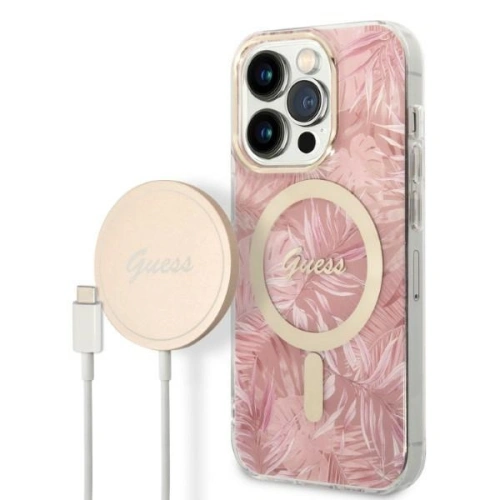 Kup Set Guess etui + încărcător wireless GUBPP14XHJEACSP Apple iPhone 14 Pro Max roz/pink hard case Jungle MagSafe - GUE2316 - {ean13} - Sklep Home Screen
