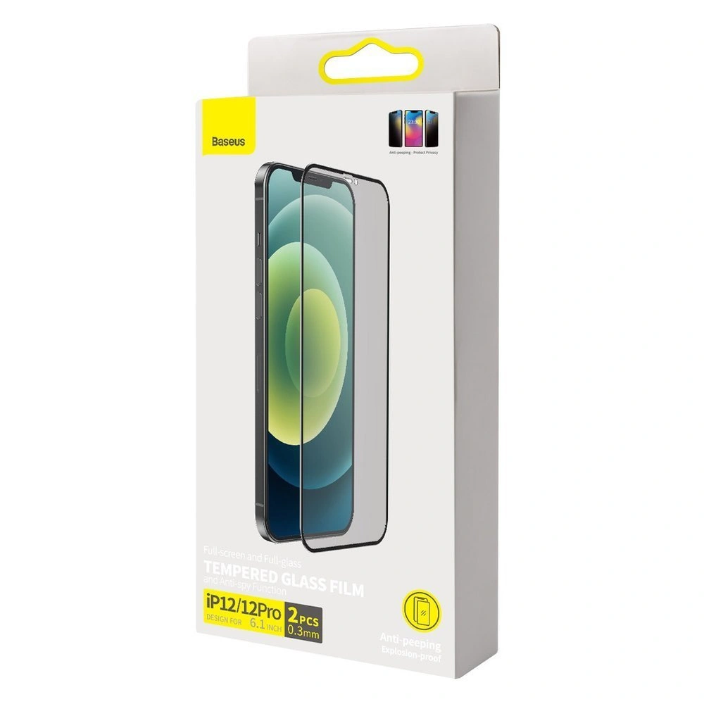 Szkło hartowane Baseus 0,3 mm Anti Spy Apple iPhone 12/12 Pro (case friendly) [2 PACK]