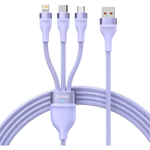 Kabel USB 3w1 Baseus Flash II, USB-C + micro USB + Lightning, 66W, 1.2m (fialový)