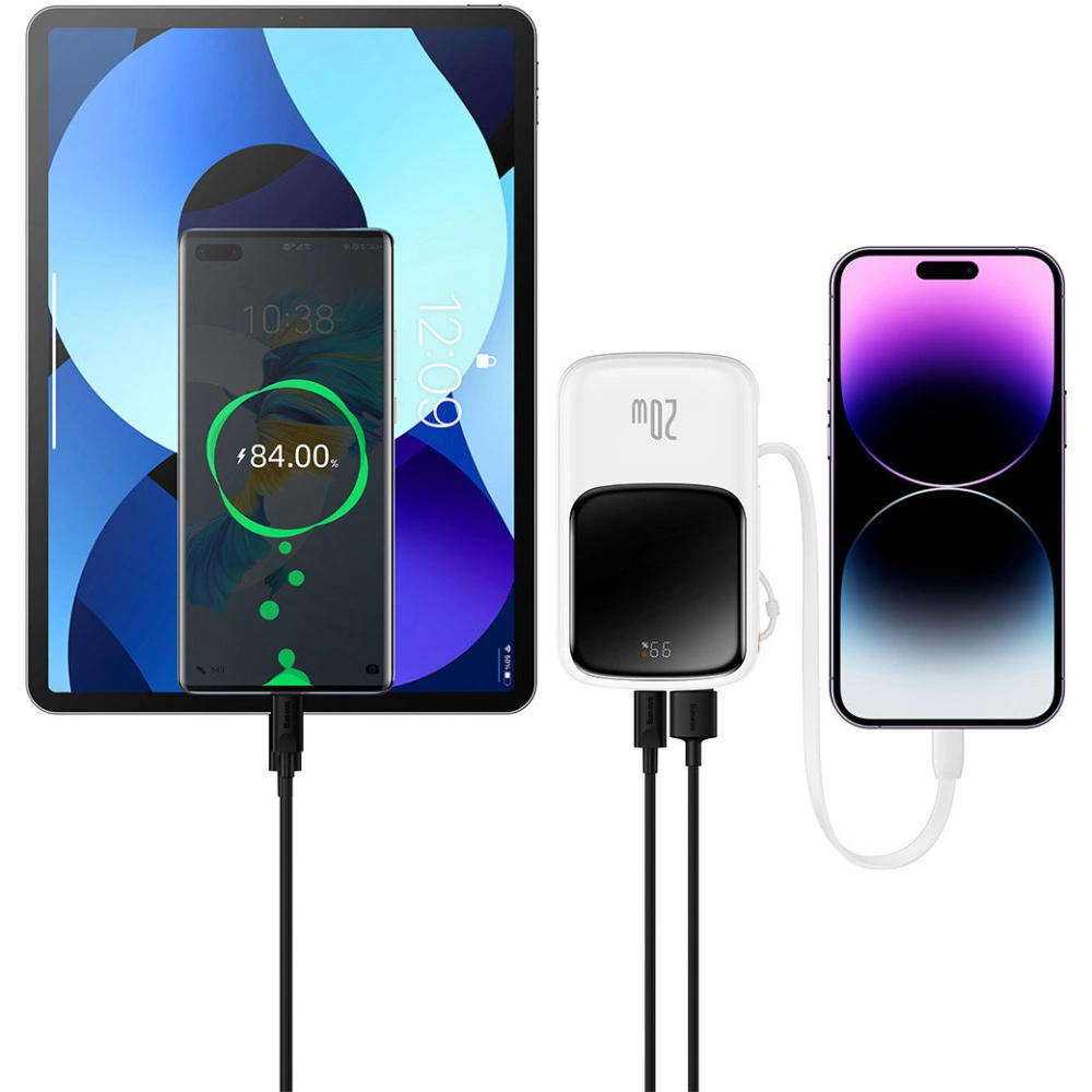 Powerbank Baseus Qpow Digital Display 10000mAh 20W QC/PD/SCP/FCP + kabel Lightning biały