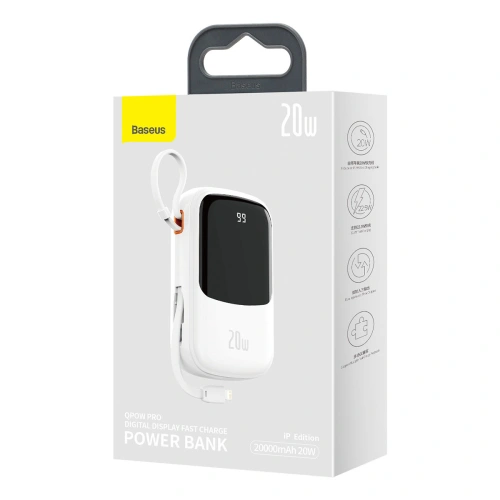 Buy Baseus Qpow Digital Display Power Bank with Fast Charging 20000mAh 20W QC/PD/SCP/FCP with Built-in Lightning Cable White - BSU3864 - {ean13} - Home Screen Store Europe