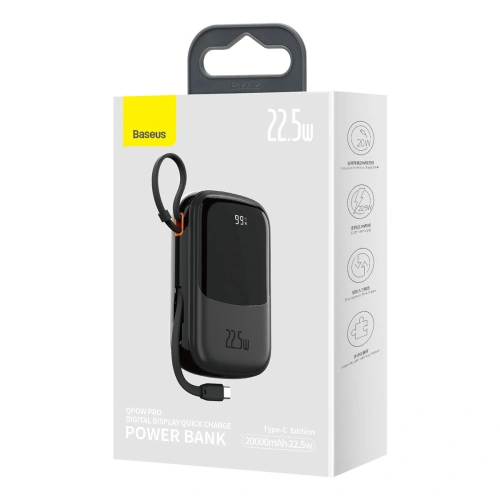 Buy Baseus Qpow Digital Display powerbank with fast charging 20000mAh 22.5W QC/PD/SCP/FCP with built-in USB-C cable black - BSU3865 - {ean13} - Home Screen Store Europe