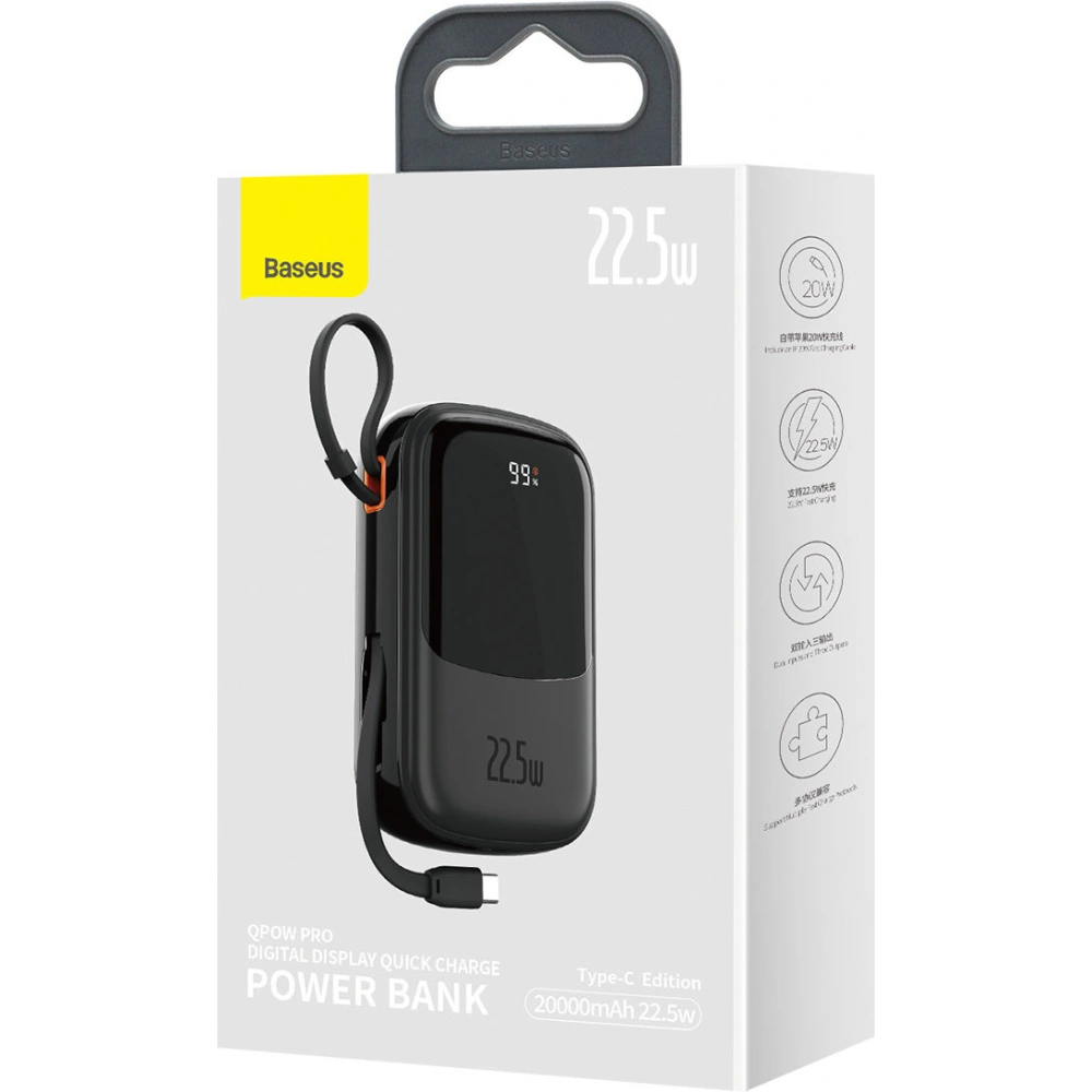 Powerbank Baseus Qpow Digital Display 20000mAh 22,5W QC/PD/SCP/FCP + kabel USB-C czarny