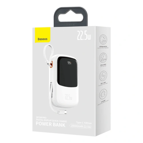 Buy Baseus Qpow Digital Display powerbank with fast charging 20000mAh 22.5W QC/PD/SCP/FCP with built-in USB-C cable white - BSU3866 - {ean13} - Home Screen Store Europe