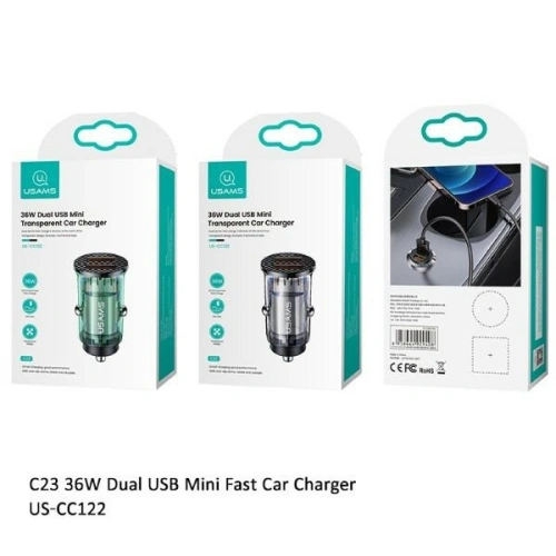 Kup Ładowarka samochodowa USAMS 2xUSB C23 36W Fast Car Charge transparent black (US-CC122) - USA825 - {ean13} - Sklep Home Screen