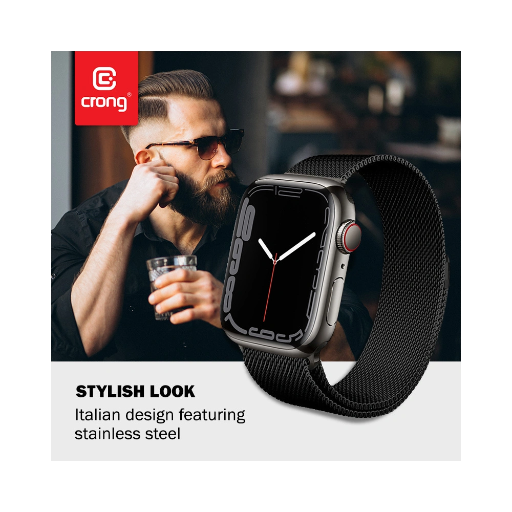 Bransoleta Crong Milano Steel Apple Watch 4/5/6/7/SE/8/9/Ultra 44/45/49mm (czarny)