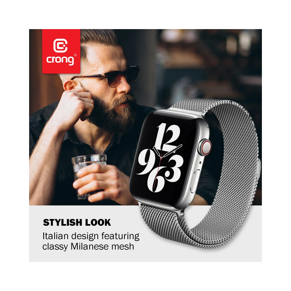 Bransoleta Crong Milano Steel Apple Watch 4/5/6/7/SE/8/9/Ultra 44/45/49mm (srebrny)
