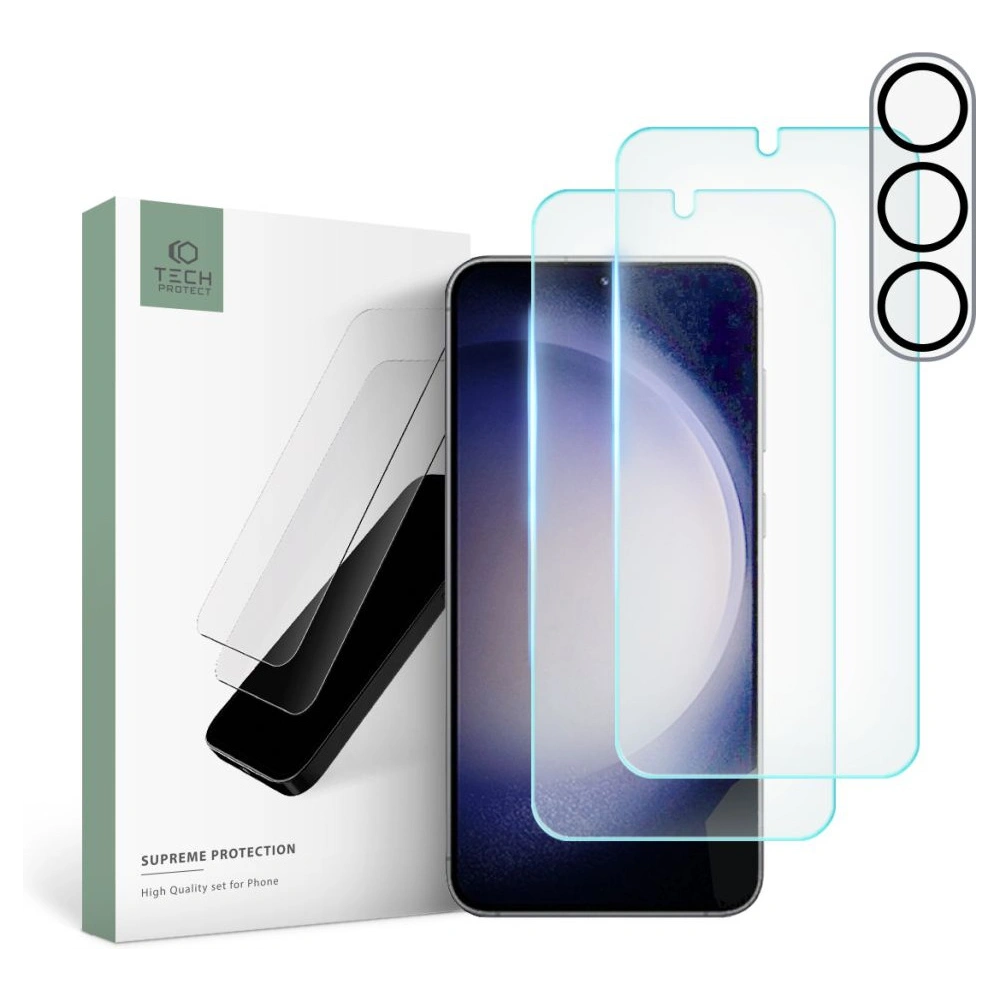Szkło hartowane + na obiektywy aparatu Tech-Protect Supreme Set Samsung Galaxy S23 Clear [2+1 PACK]