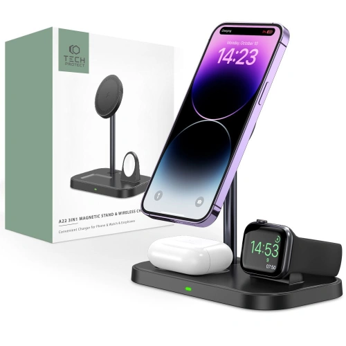 Kup MagSafe vezeték nélküli töltő Tech-Protect Qi15W A22 3in1 Magnetic vezeték nélküli töltő fekete - THP1691 - {ean13} - Sklep Home Screen