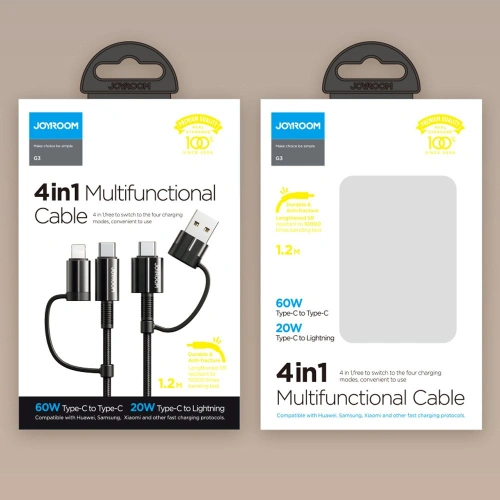 Kup Cablul Joyroom 4w1 USB-C/USB-A - USB-C/Lithtning Quick Charge Power Delivery 3 A 60 W 1,8 m negru (S-1830G3) - JYR559 - {ean13} - Sklep Home Screen