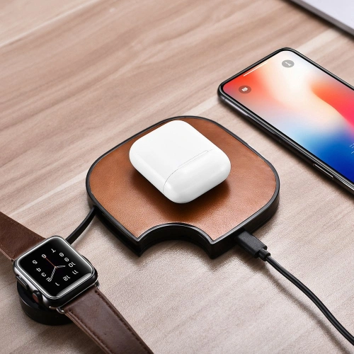 Kup Ładowarka bezprzewodowa iCarer Leather 2w1 Qi 10W do telefonu i Apple Watch brązowy - ICR276 - {ean13} - Sklep Home Screen