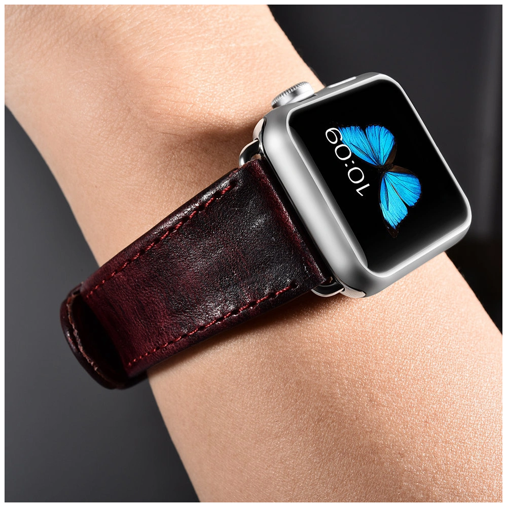 Pasek iCarer Leather Vintage Apple Watch 4/5/6/7/8/9/SE/10 40/41/42mm bordowy