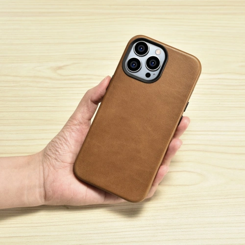 Kup Case iCarer Öl Wachs Premium Leder MagSafe Apple iPhone 14 Pro Max hellbraun - ICR339 - {ean13} - Sklep Home Screen