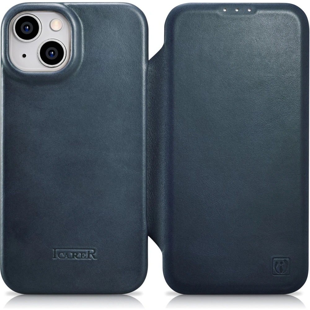 Etui iCarer CE Oil Wax Premium Leather Folio MagSafe Apple iPhone 14 niebieski