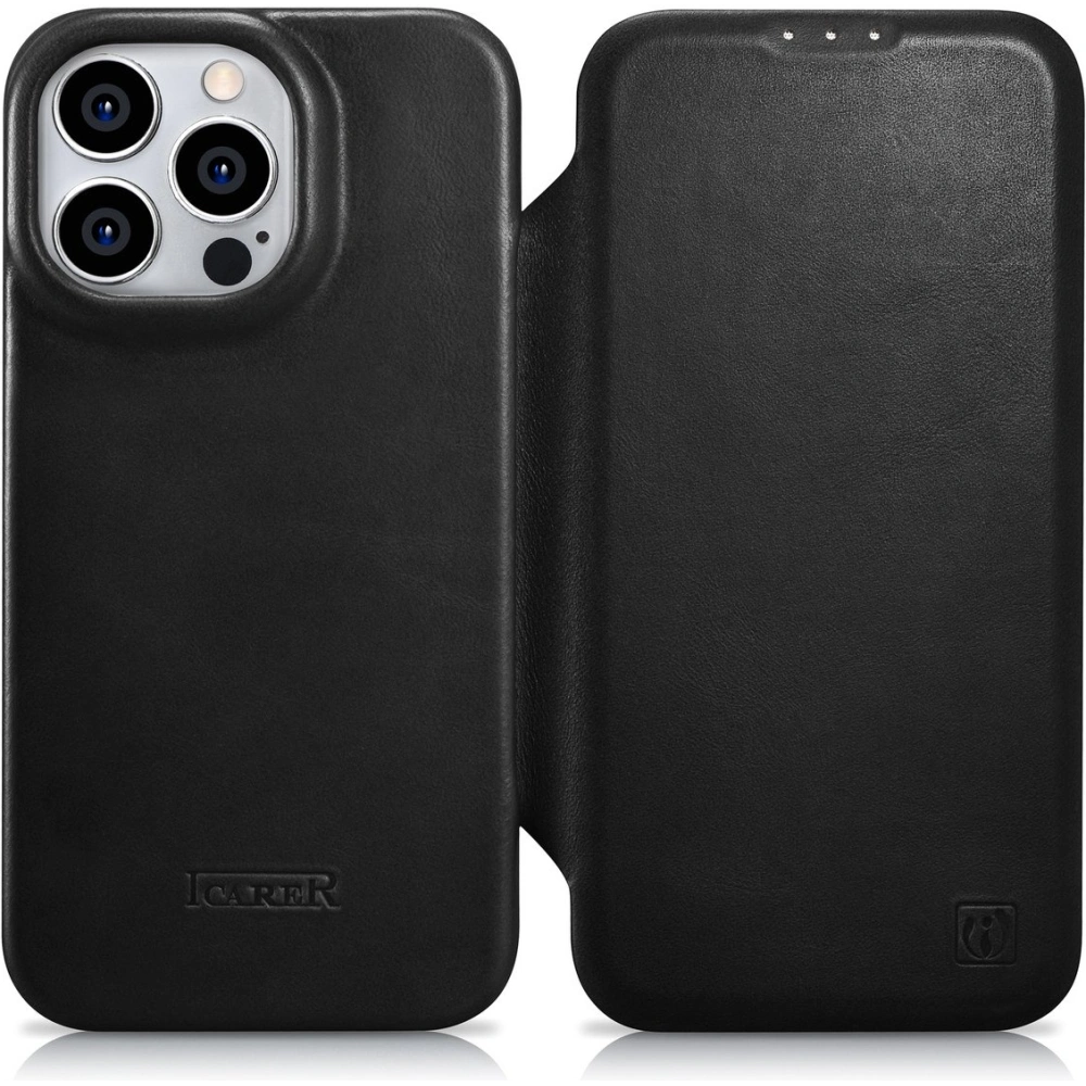Etui iCarer CE Oil Wax Premium Leather Folio MagSafe Apple iPhone 14 Pro czarny