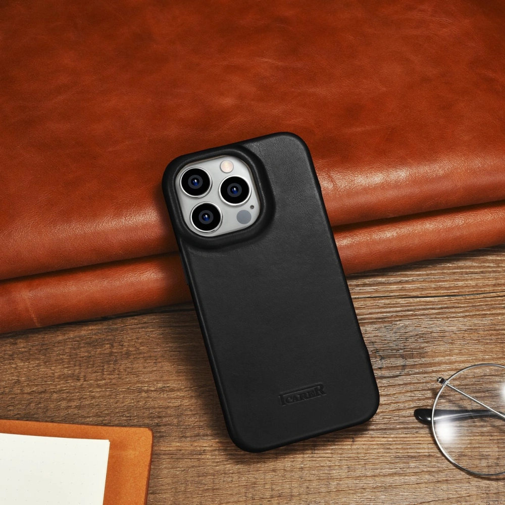 Etui iCarer CE Oil Wax Premium Leather Folio MagSafe Apple iPhone 14 Pro czarny