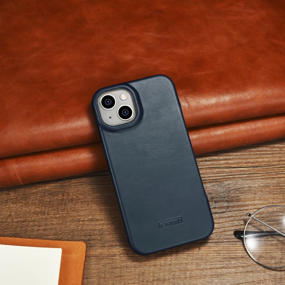 Etui iCarer CE Oil Wax Premium Leather Folio MagSafe Apple iPhone 14 Plus / 15 Plus niebieski