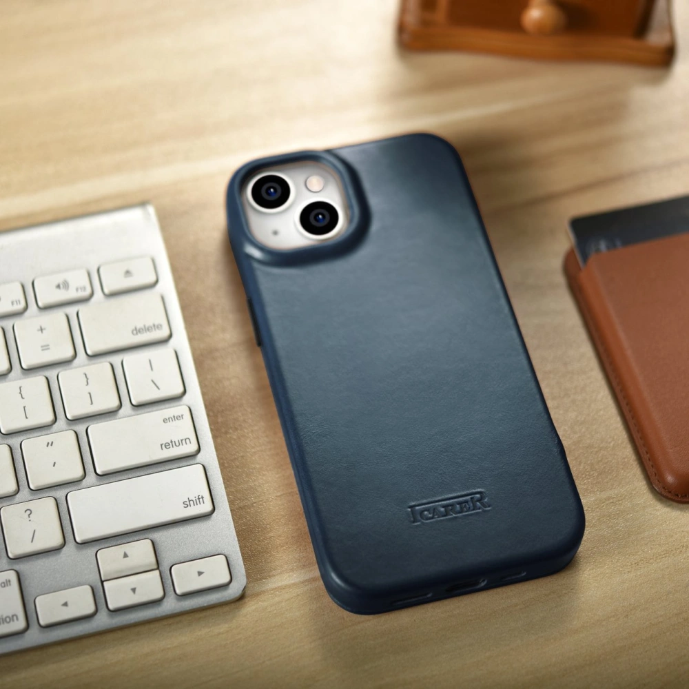 Etui iCarer CE Oil Wax Premium Leather Folio MagSafe Apple iPhone 14 Plus / 15 Plus niebieski