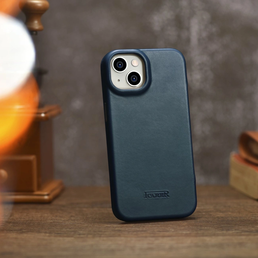 Etui iCarer CE Oil Wax Premium Leather Folio MagSafe Apple iPhone 14 Plus / 15 Plus niebieski