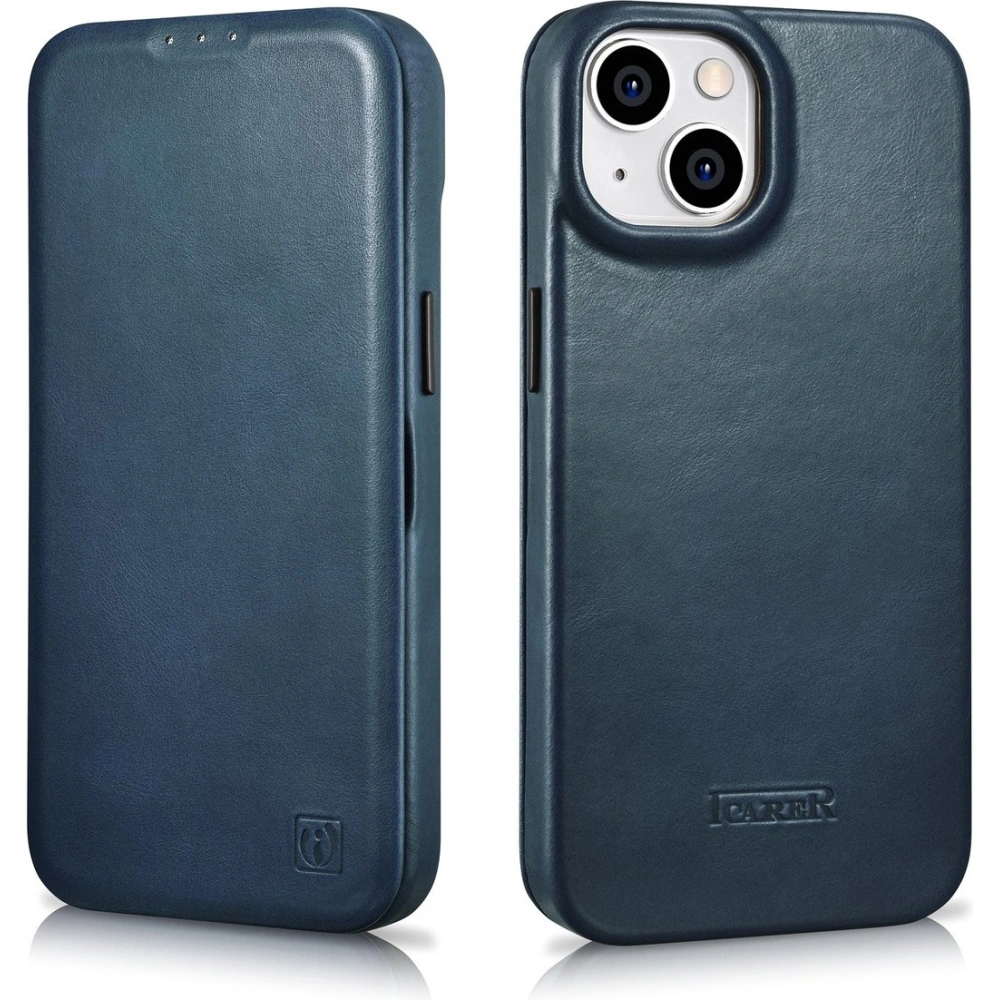 Etui iCarer CE Oil Wax Premium Leather Folio MagSafe Apple iPhone 14 Plus / 15 Plus niebieski