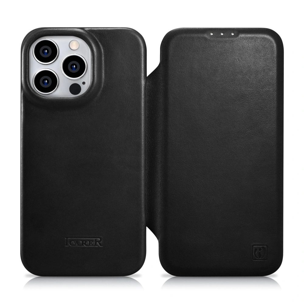 Etui iCarer CE Oil Wax Premium Leather Folio MagSafe Apple iPhone 14 Pro Max czarny