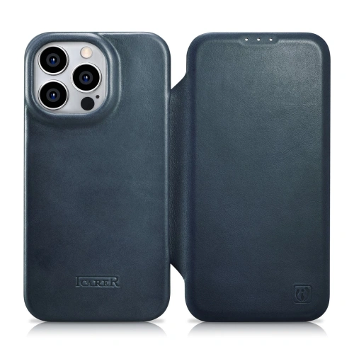 Kup Case iCarer CE Öl Wachs Premium Leder Folio MagSafe Apple iPhone 14 Pro Max blau - ICR395 - {ean13} - Sklep Home Screen