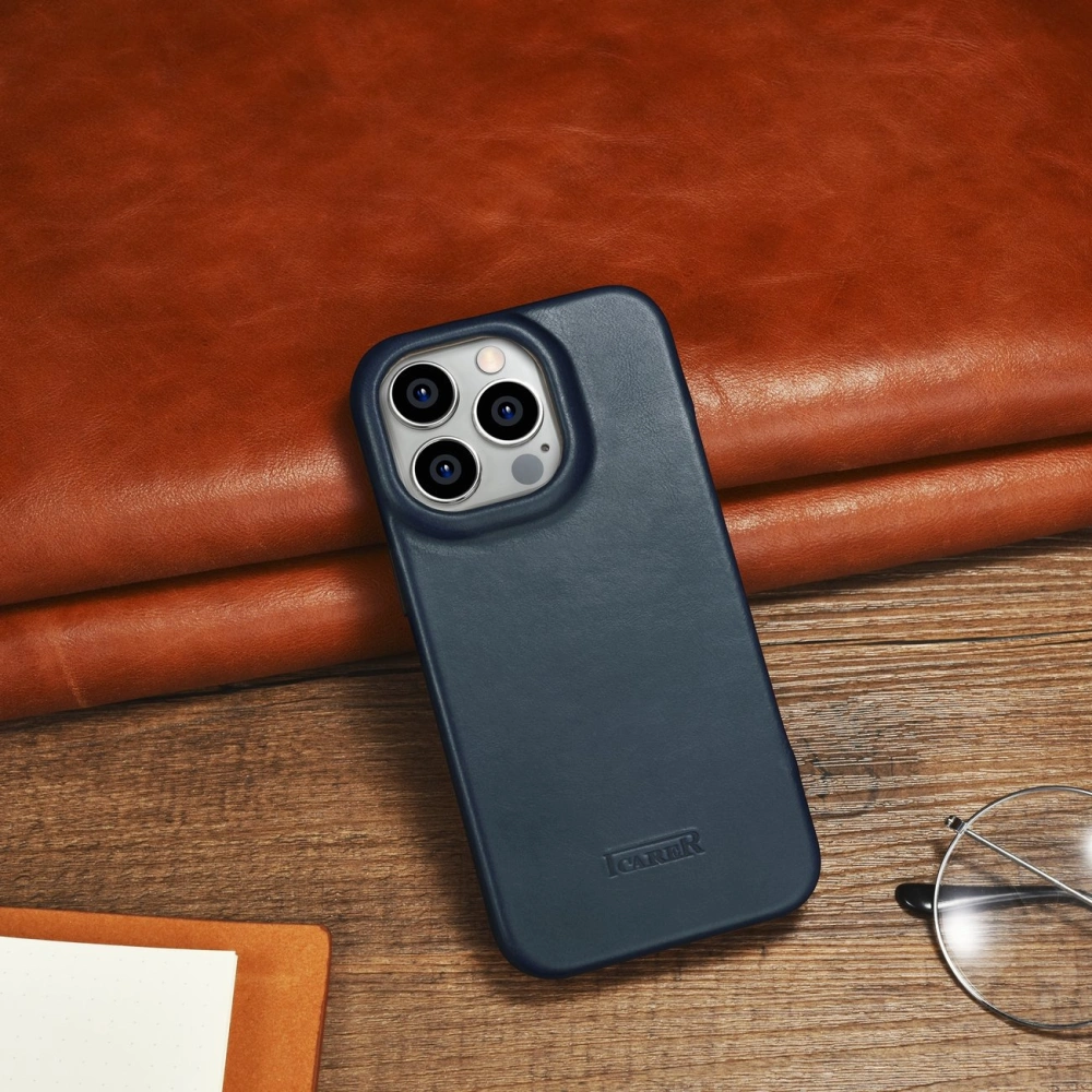 Etui iCarer CE Oil Wax Premium Leather Folio MagSafe Apple iPhone 14 Pro Max niebieski