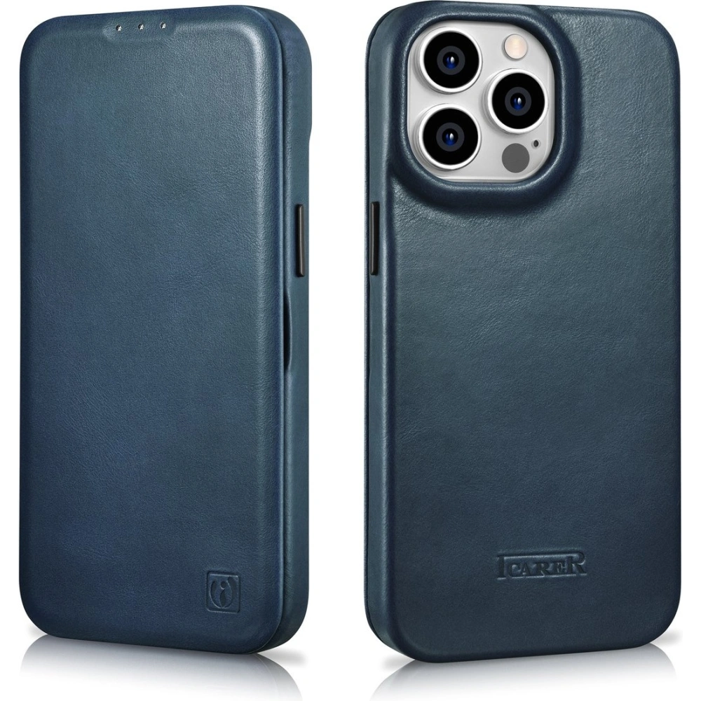 Etui iCarer CE Oil Wax Premium Leather Folio MagSafe Apple iPhone 14 Pro Max niebieski