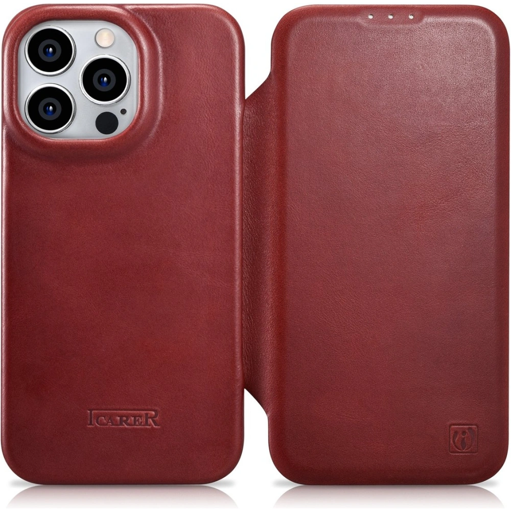 Etui iCarer CE Oil Wax Premium Leather Folio MagSafe Apple iPhone 14 Pro Max czerwony