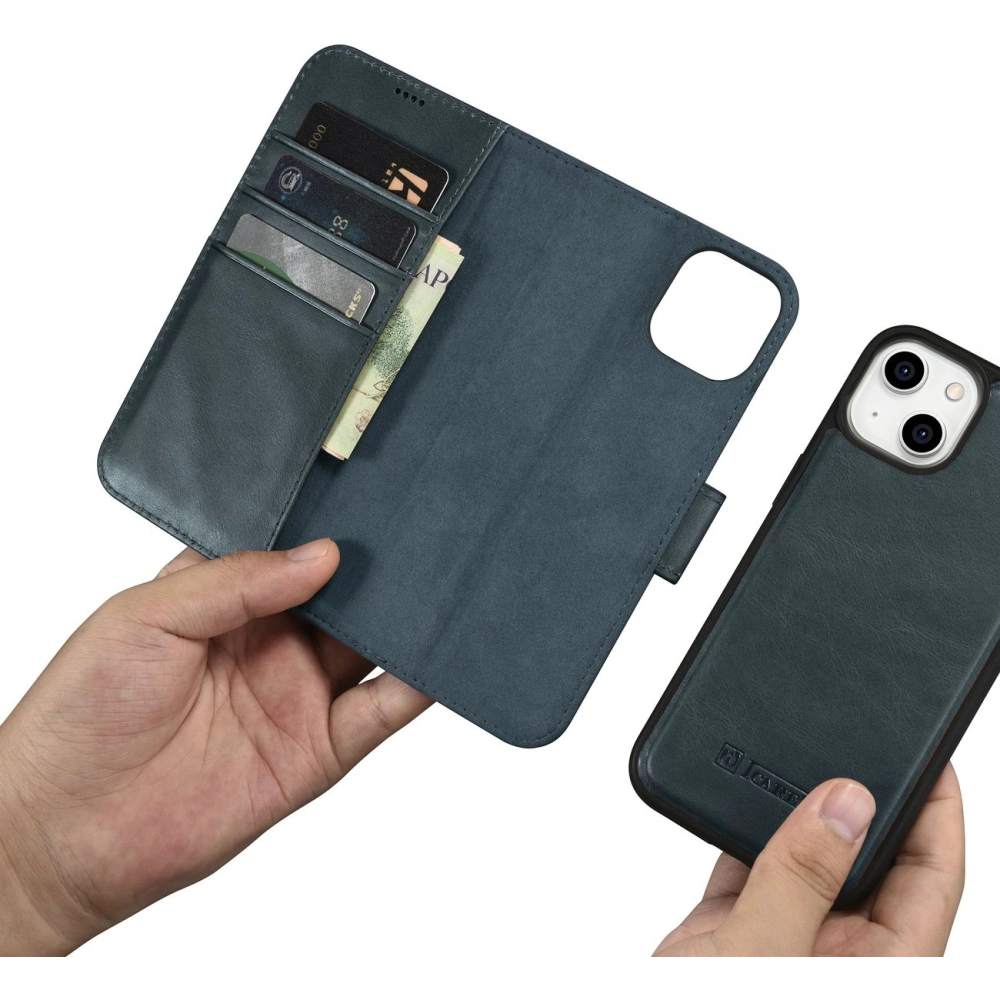 Etui iCarer Oil Wax Wallet Anti-RFID 2in1 Apple iPhone 14 niebieski
