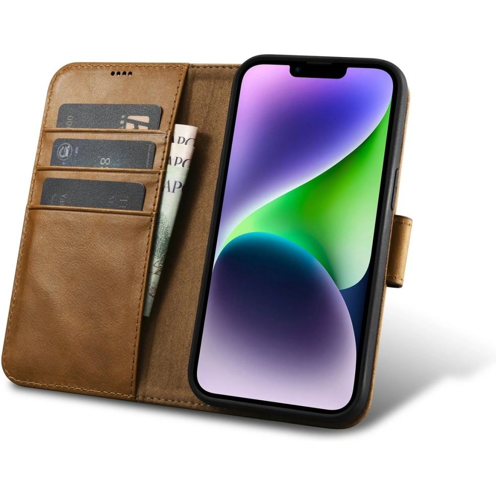 Etui iCarer Oil Wax Wallet Anti-RFID 2in1 Apple iPhone 14 jasnobrązowy