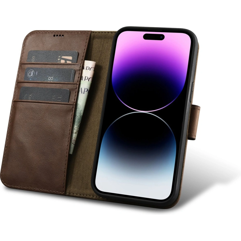 Etui iCarer Oil Wax Wallet Anti-RFID 2in1 Apple iPhone 14 Pro brązowy