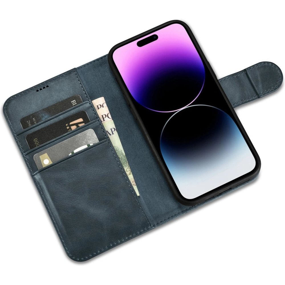 Etui iCarer Oil Wax Wallet Anti-RFID 2in1 Apple iPhone 14 Pro niebieski